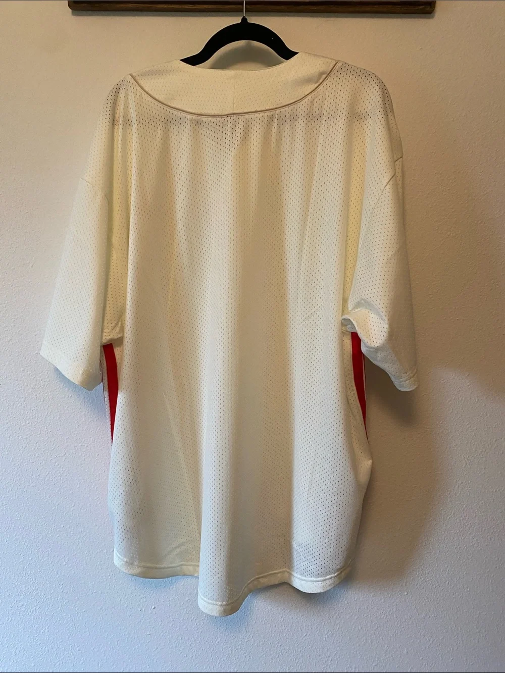 Adidas Men's White Baseball-Style Shirt with Red Stripe Accents